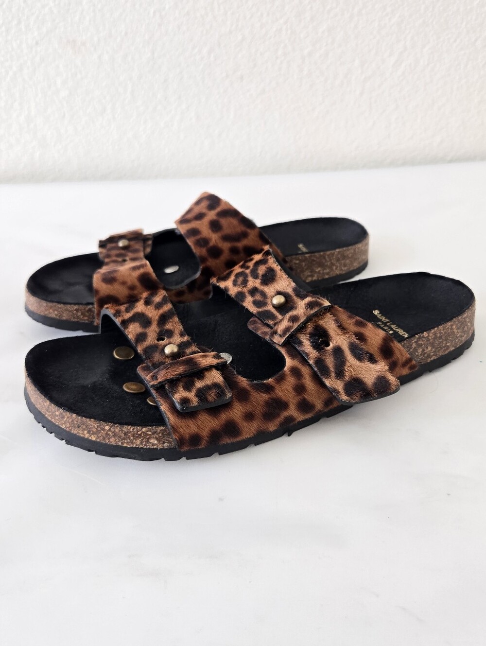 SAINT LAURENT Calf Hair Leopard Print Jimmy Slide Sandals Brown Black Size 36.5